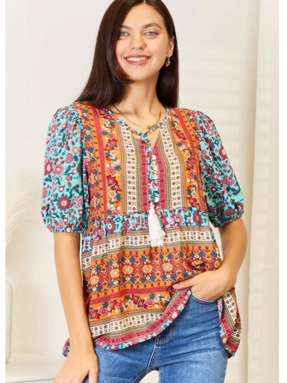 Boho Floral Patchwork Tassel Tie Puff Sleeve Blouse